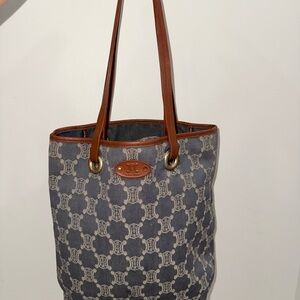 Celine Denim Tote with Brown Leather Trim